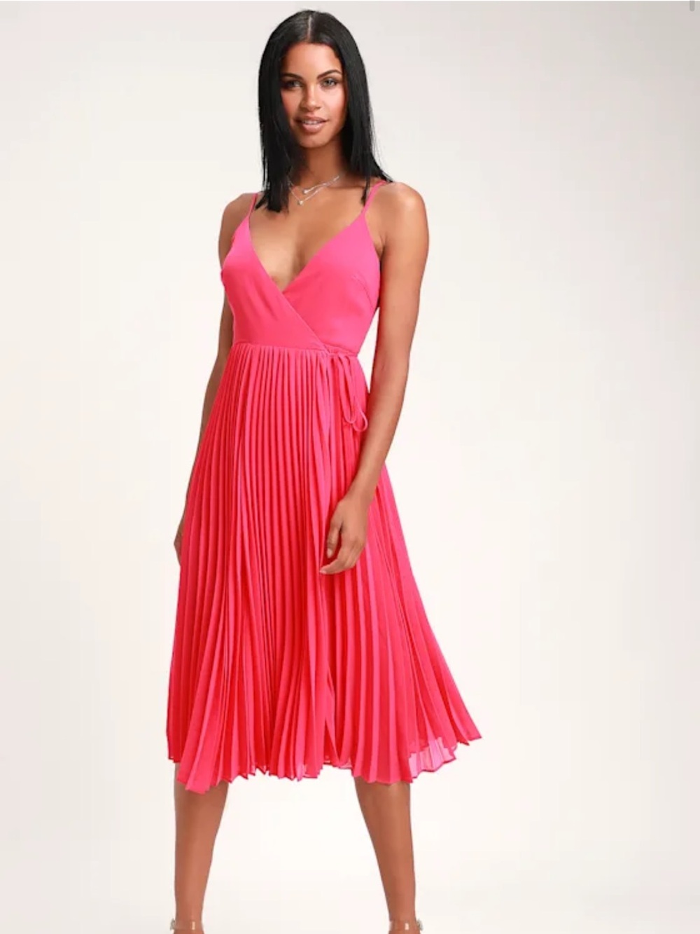 Lulu's Hot Pink Pleated Wrap Midi Dress